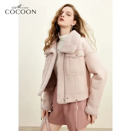 missCOCOON2023冬装新款女装粉色短款宽松皮毛一体机车立领皮草图片