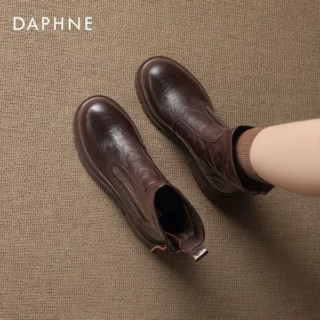 达芙妮厚底短靴女2025新款冬季棕色瘦瘦靴英伦风皮靴子加绒马丁靴商品大图