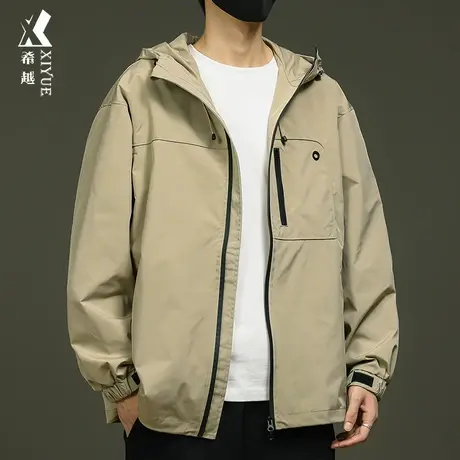 防泼水夹克外套男士秋季工装风连帽冲锋衣宽松大码男款卡其色风衣图片