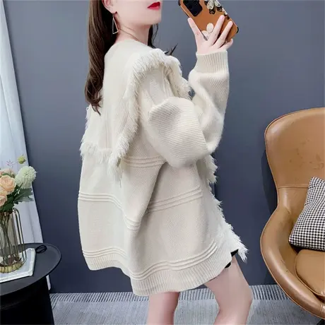 设计感海军领流苏毛边毛衣开衫女秋冬新款韩版加厚宽松针织外套潮图片