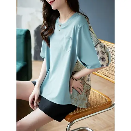 宝诗黎圆领印花拼接小众宽松T恤女夏季短袖2023新款时尚休闲上衣商品大图