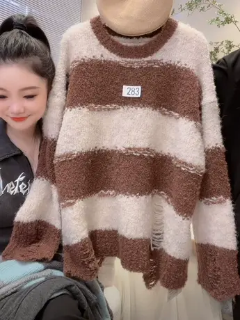 日系慵懒风咖色条纹毛衣女别致设计感秋冬软糯复古破洞针织衫上衣商品大图