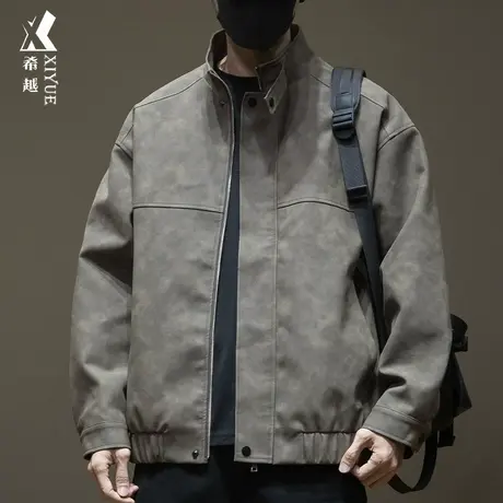 美式复古PU皮衣外套男2023秋冬拉链高领外衣宽松大码痞帅皮夹克男商品大图