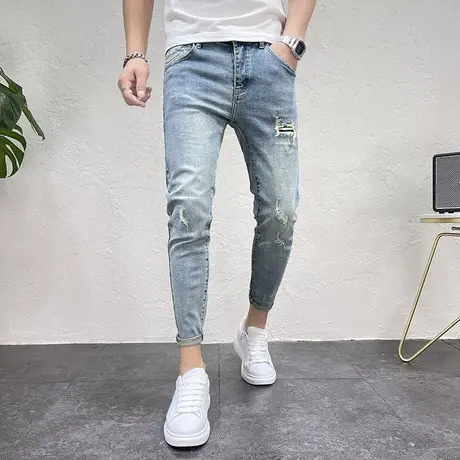 2023秋冬新款韩版修身小脚破洞牛仔裤男潮流个性补丁铅笔裤 微弹商品大图
