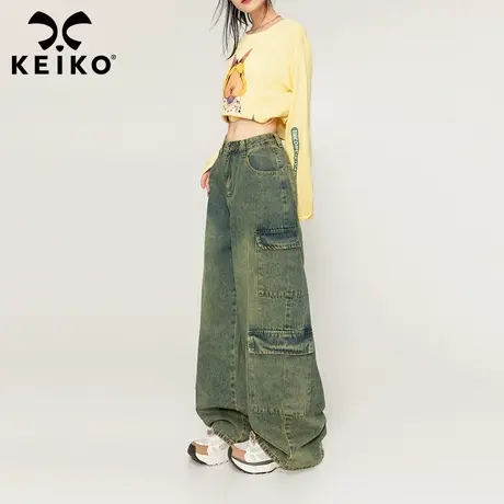 KEIKO 水洗做旧工装风直筒牛仔裤女2023新款复古高腰宽松阔腿裤子商品大图