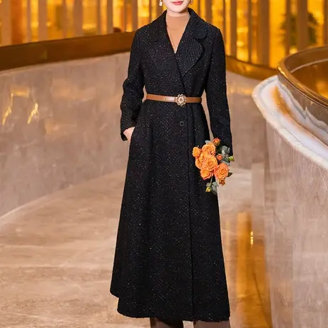 黑色小香风毛呢大衣女秋冬2023年新款时尚气质双排扣长款羊毛外套图片