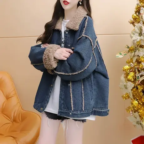 韩版宽松慵懒风开衫牛仔外套女2023冬季新款加绒加厚百搭网红上衣图片