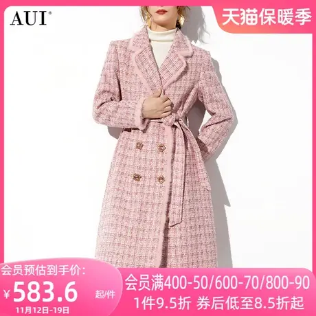 AUI粉色格子中长款修身毛呢外套女2023冬新款欧美风收腰呢子大衣图片