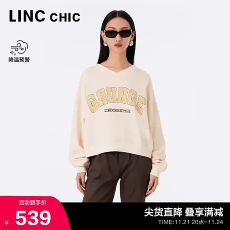 LINCCHIC金羽杰短款卫衣女新款V领落肩学院感无帽卫衣S233HD385Y商品大图