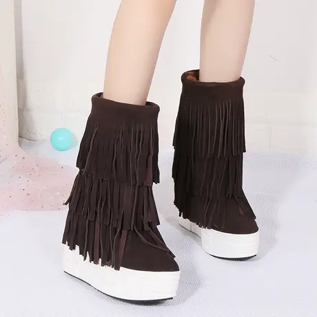 2023冬季内增高雪地靴女不过膝中筒靴厚底坡跟加绒加厚流苏棉靴子商品大图