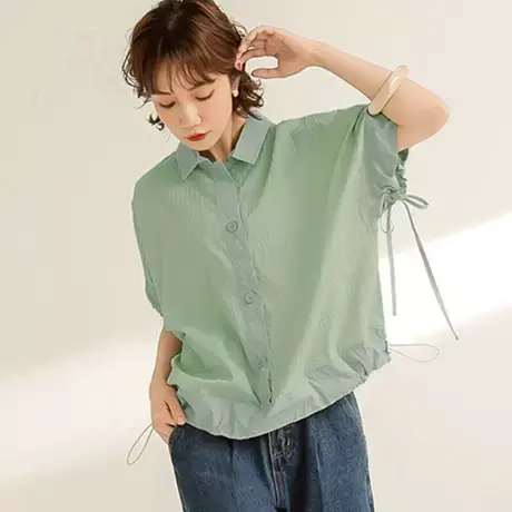 桔熊夏季休闲衬衫宽松立体纹理翻领抽绳松紧上衣女装大码AB17546商品大图
