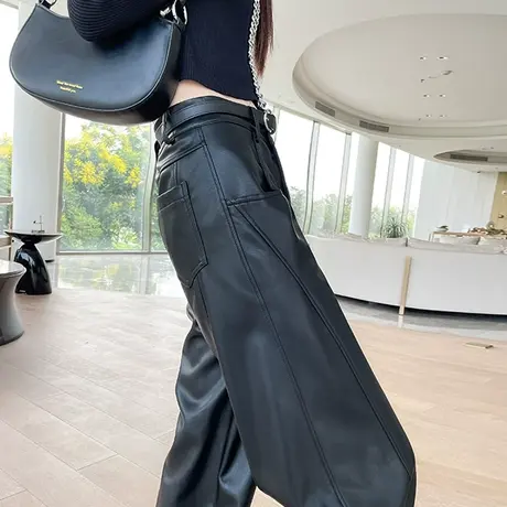 黑色阔腿pu皮裤女2024春秋新款高腰宽松显瘦垂感休闲拖地西装裤子商品大图