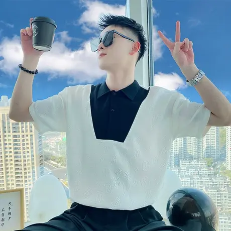 高级感撞色Polo衫男士潮牌休闲拼接设计短袖T恤2023新款半袖上衣商品大图