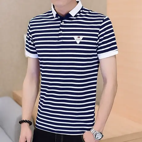 夏季条纹POLO衫男潮牌宽松潮男短袖T恤翻领情侣装日系体恤保罗衫商品大图