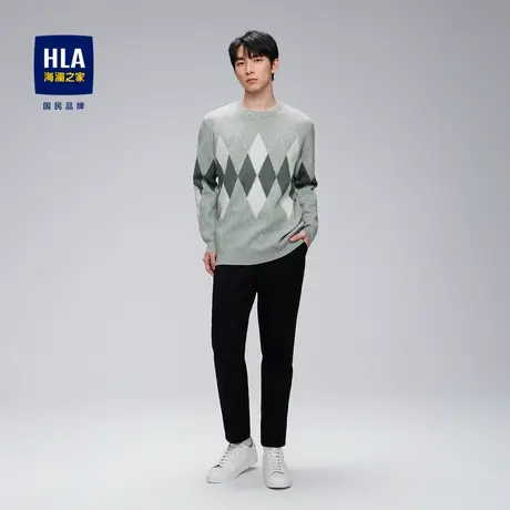 HLA/海澜之家2023菱形格子针织衫水洗工艺撞色圆领毛衣男图片