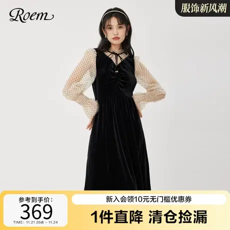 Roem秋冬 时尚商场同款复古丝绒波点假两件气质花边立领连衣裙图片