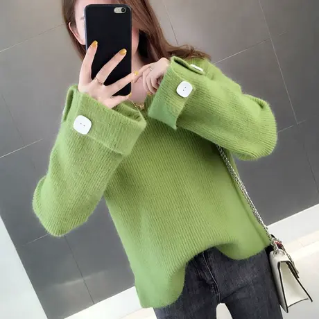 牛油果绿毛衣女宽松外穿套头秋装2021年新款秋季女装v领针织上衣商品大图