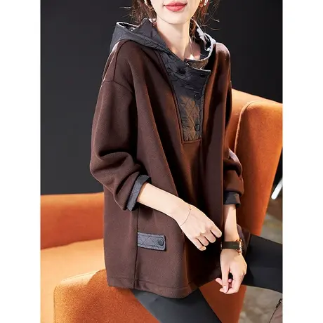 宝诗黎连帽拼接宽松加绒卫衣女春季落肩长袖保暖套头上衣2024新款商品大图