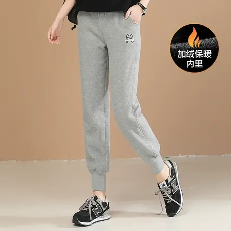 韩朝袭人松紧腰刺绣束脚加绒运动卫裤女2023冬装新款加厚休闲裤图片