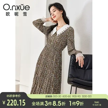欧昵雪2023秋装新款赫本风V领小碎花连衣裙女收腰长袖显瘦百褶裙图片