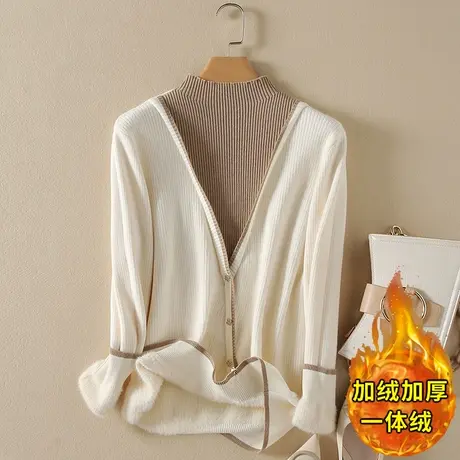 一体绒假两件套半高领毛衣女2023年秋冬新款加绒宽松针织打底衫女图片
