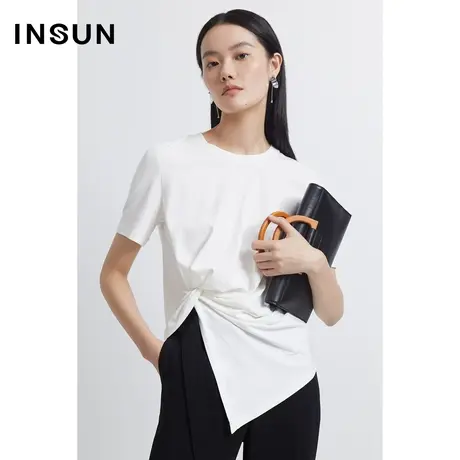 INSUN恩裳夏季纽结立体针织白色T恤商品大图