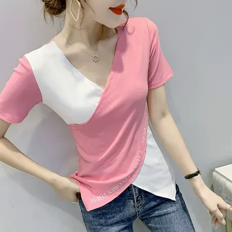时尚撞色V领T恤女短袖夏不规则开叉上衣洋气收腰显瘦丅恤半袖ins商品大图