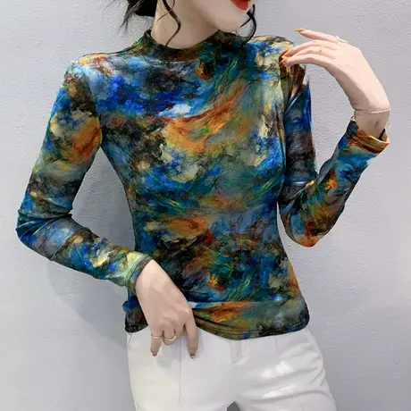 网纱打底衫女春装2024新款复古印花漂亮T恤长袖洋气半高领上衣ins商品大图