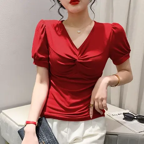 欧货泡泡袖T恤女短袖时尚性感V领小衫设计感褶皱洋气上衣百搭半袖图片