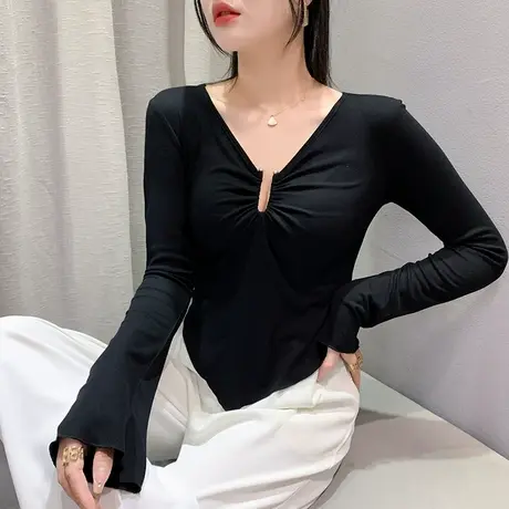 欧货设计感长袖T恤女士秋装性感辣妹V领高腰上衣气质内搭打底衫潮商品大图