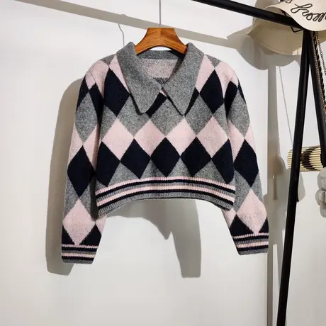 Polo领毛衣女宽松套头秋冬新款学院风菱格提花短款针织衫上衣外穿商品大图