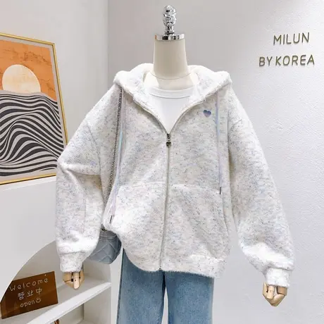 秋冬款奶fufu的外套~ins甜美学院风爱心连帽加绒上衣仿马海毛毛衣图片