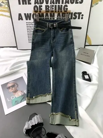 水洗磨白卷边牛仔直筒裤女2023秋季新款显瘦百搭弹力高腰九分裤潮商品大图