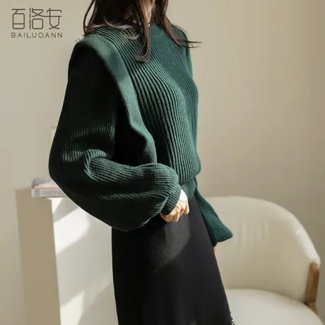 百洛安设计感套头毛衣上衣女秋冬款时尚灯笼袖宽松百搭圆领针织衫图片
