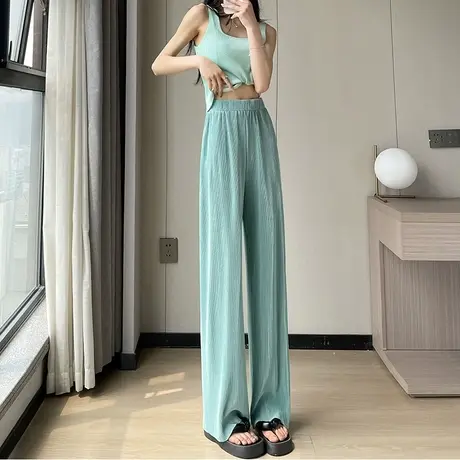 浅绿色冰丝阔腿裤女夏季薄款高腰垂感窄版直筒显瘦小众休闲拖地裤商品大图