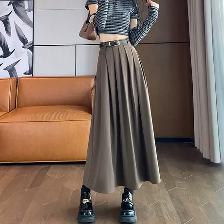 西装半身裙女秋季2023新款垂感a字百褶伞裙气质咖色梨形身材长裙图片
