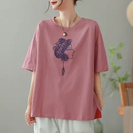 dza复古纯色短袖T恤女2023夏季薄款全棉打底体恤休闲宽松套头上衣商品大图