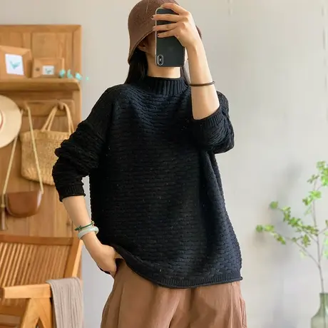 dza 复古纯色半高领毛衣女2023秋冬新款打底衫休闲宽松针织衫上衣图片