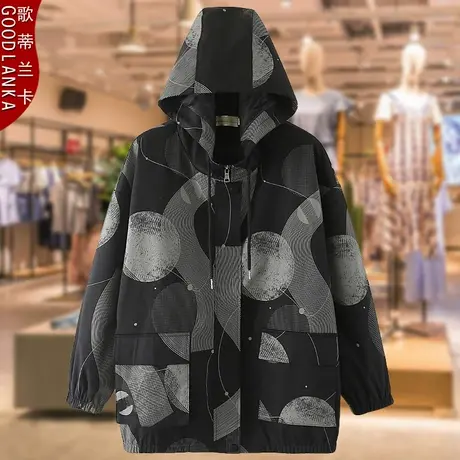 40-50岁中年胖妈妈秋装风衣女200斤大码宽松时尚印花连帽休闲外套商品大图