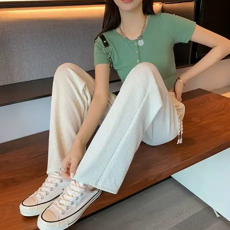 宽松阔腿裤女夏季薄款高腰垂感慵懒风休闲直筒拖地泡芙裤粉色裤子图片