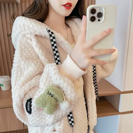 羊羔毛外套女2023新款秋冬季韩版宽松加绒加厚小个子洋气开衫卫衣商品大图