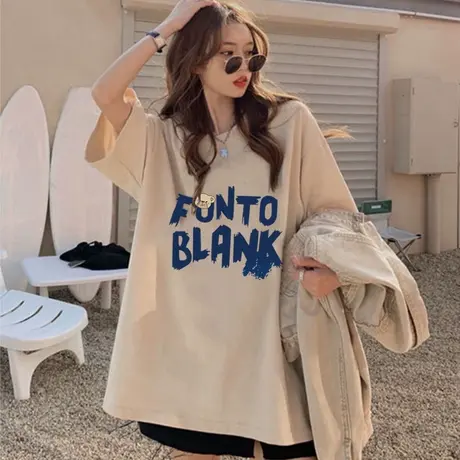 大码纯棉圆领短袖t恤女夏季学院风oversize韩式百搭宽松显瘦上衣商品大图