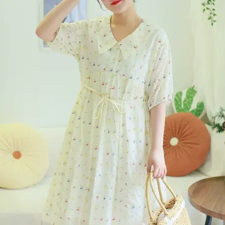 夏新品刺绣大方领复古连衣裙大码清新短袖温柔长裙商品大图