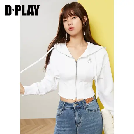 DPLAY年秋装新款ins时尚白休闲可拆卸小熊镶钻胸针连帽卫衣商品大图