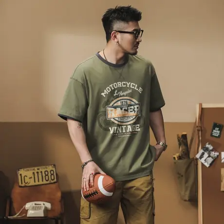 夏季宽松潮流t恤复古印花日系翻领大码男士美式休闲百搭潮流t恤商品大图