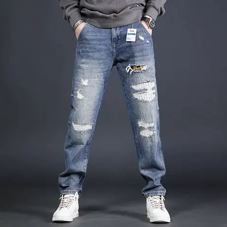 破洞牛仔裤男款秋季2022年新款宽松潮牌潮流男士休闲直筒牛仔裤商品大图