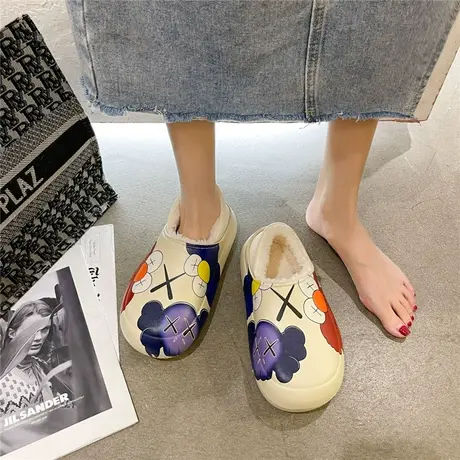 涂鸦棉拖鞋女2022新款冬季包跟可爱厚底防水保暖情侣居家棉鞋外穿图片