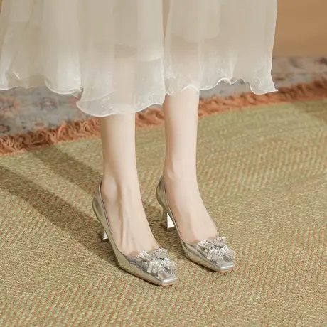 方头高跟鞋女2024年夏季新款漆皮亮面法式水钻时尚百搭高跟鞋细跟图片