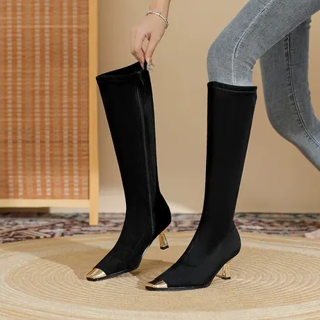 弹力瘦瘦高筒靴不过膝长靴女2024年新款秋冬季加绒尖头细跟长筒靴商品大图