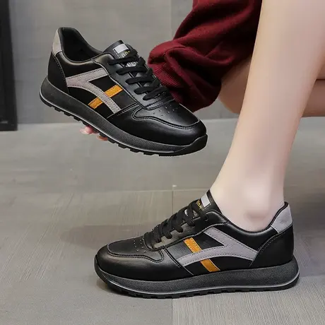 黑色皮面运动鞋女防水防滑2023新款单鞋春季阿甘鞋潮厨房工作鞋子商品大图